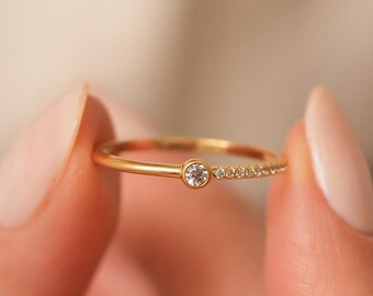 10k 14k Gold Bezel Solitaire Diamond Ring with Pavé Band Minimalist Stacking Jewelry Modern Promise Ring Dainty Engagement Gift for Her