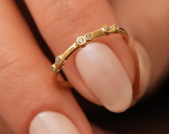 10k 14k Gold Bezel Diamond Ring Constellation Inspired Band Minimalist Stacking Jewelry Dainty Everyday Fine Promise Ring Gift for Her