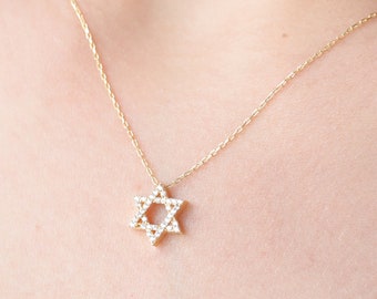 14K Gold Pave Star of David Necklace, CZ Jewish Star Pendant, Sparkling Statement Charm, Gift for Her