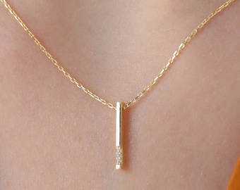 14K Gold Vertical Bar Necklace, Diamond Accent Drop Pendant, Minimalist Stick Charm, Gift for Her