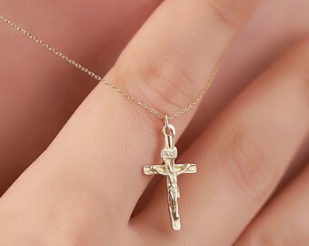 Solid Gold Crucifix Necklace – 10K/14K Real Gold Jesus Pendant