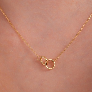 Collar de oro macizo de 14 quilates con círculos entrelazados, colgante de doble anillo, círculos minimalistas unidos, regalo para ella.