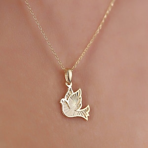14K Gold Dove Necklace, Diamond Cut Peace Dove Pendant, Symbolic Bird Charm, Dainty Faith Jewelry, Gift for Her