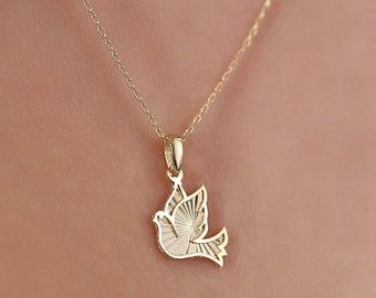 14K Gold Dove Necklace, Diamond Cut Peace Dove Pendant, Symbolic Bird Charm, Dainty Faith Jewelry, Gift for Her