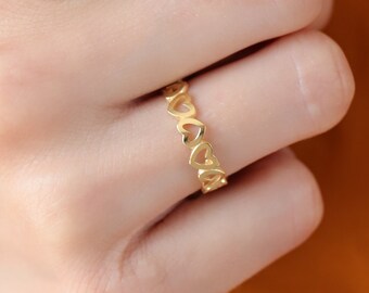 Bague d'éternité en or 14 carats avec cœur ajouré, bague à superposer avec un cœur large, bague romantique, cadeau pour elle