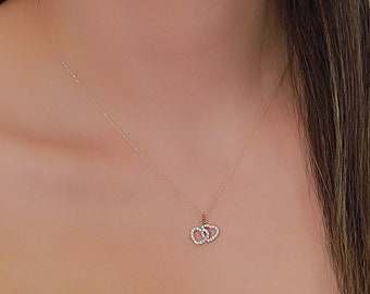 Luxury 14K Gold Heart Necklace | Double Diamond Hearts | Romantic Love Jewelry | Perfect Gift for Couples | Mothers Day
