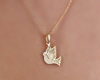 Handcrafted 14K Gold Peace Dove Necklace | Meaningful Symbolic Jewelry | Elegant Gold Bird Charm | Real Golden Bird | mother's day gift