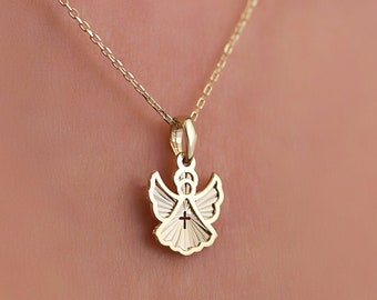 14K Solid Gold Angel Cross Pendant Necklace | Religious Jewelry