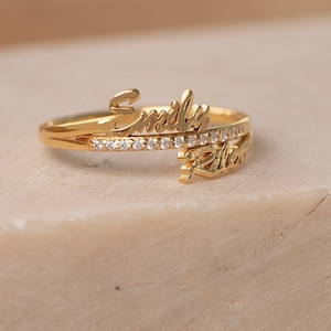 14K Gold Double Name Ring, Personalized Two Name Ring, Custom Script Name Ring with Lab Diamonds, Gift for Her
