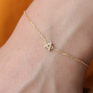 Pulsera con inicial de oro macizo de 14 quilates con pavé de diamantes / Pulsera con letra personalizada para mujer / Joyería personalizada de oro auténtico de 14 quilates / Regalo personalizado