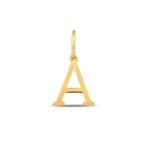 May include: A polished gold-tone pendant in the shape of the capital letter A. The letter features a classic serif typeface design with a small, circular jump ring attached to the top center for hanging on a chain or cord, showcasing a smooth finish.