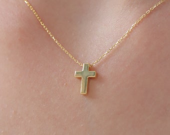 14K Gold Cross Necklace, Classic Solid Cross Pendant, Minimalist Faith Charm, Gift for Her