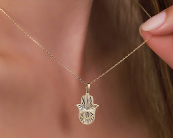 14K Real Gold Hamsa Hand Necklace for Women | Fatima&#39;s Hand Pendant | Solid Gold Protective Jewelry | Gift for Her