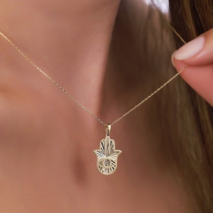 14K Real Gold Hamsa Hand Necklace for Women | Fatima's Hand Pendant | Solid Gold Protective Jewelry | Gift for Her