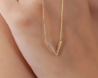 18K Gold Diamond Strip Necklace for Women | Solid Gold V Shaped Necklace | Elegant Gold Jewelry | Elegant Diamond Accent | Gift for Her