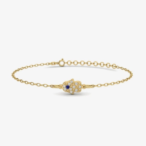 14K Solid Gold Diamond Pave Hamsa Bracelet for Women | 14K Gold Dainty Protection Bracelet | 14K Real Gold Spiritual Jewelry | Gift for Her