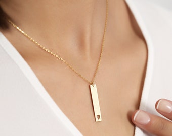 18K Gold Vermeil Carved Heart Bar Pendant Necklace for Women | Vertical Love Charm Jewelry | Elegant Gold Necklace for Women | Romantic Gift