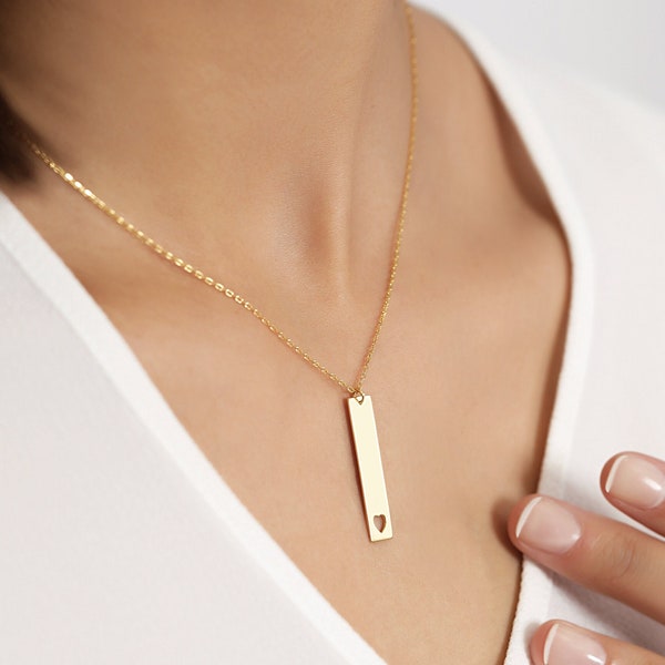 18K Gold Vermeil Carved Heart Bar Pendant Necklace for Women | Vertical Love Charm Jewelry | Elegant Gold Necklace for Women | Romantic Gift