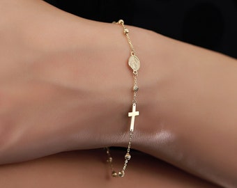 14K Gold Cross and Virgin Mary Bracelet for Women | Religious Charm Bracelet | Real Gold Cross Bracelet | Charm Bracelet I Mother's Day Gift