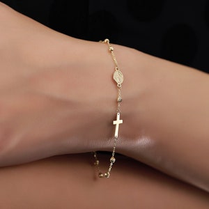 14K Gold Cross and Virgin Mary Bracelet for Women | Religious Charm Bracelet | Real Gold Cross Bracelet | Charm Bracelet I Mother's Day Gift