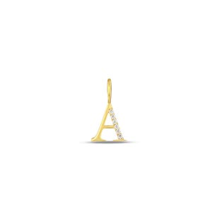 May include: A gold letter A pendant featuring a polished finish on the left side and a row of small, clear, round-cut stones embedded along the right diagonal bar. The charm includes a small vertical gold bail at the top for attachment to a chain.