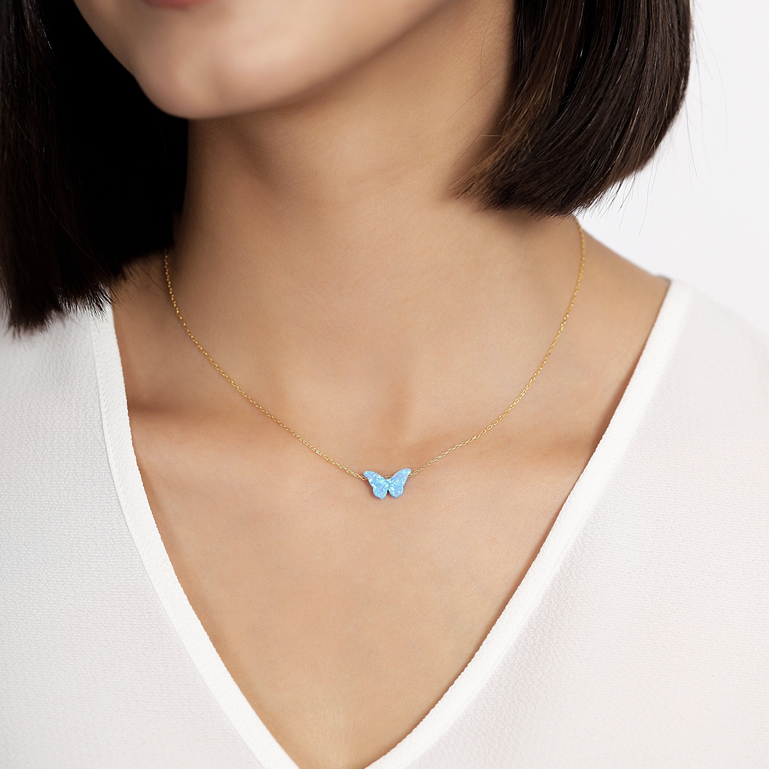 Blue Opal Butterfly Necklace – 14K Gold Pendant, Dainty Nature
