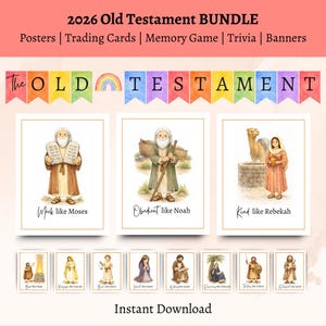 Puede incluir: Un paquete de materiales educativos del Antiguo Testamento. La imagen presenta carteles, tarjetas de intercambio y un juego de memoria. La pancarta superior dice "The Old Testament". Los carteles representan figuras bíblicas con texto descriptivo.