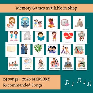 May include: A collection of 24 memory game cards with illustrations and text. The cards feature images of people, objects, and phrases. The text "Memory Games Available in Shop" and "24 songs - 2026 MEMORY Recommended Songs" are also present.
