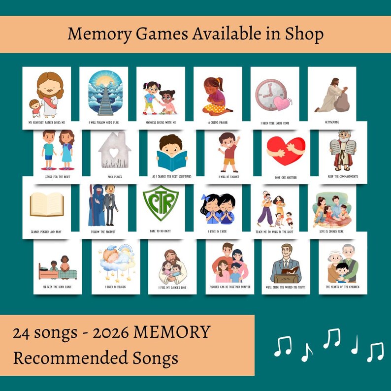 May include: A collection of 24 memory game cards with illustrations and text. The cards feature images of people, objects, and phrases. The text "Memory Games Available in Shop" and "24 songs - 2026 MEMORY Recommended Songs" are also present.