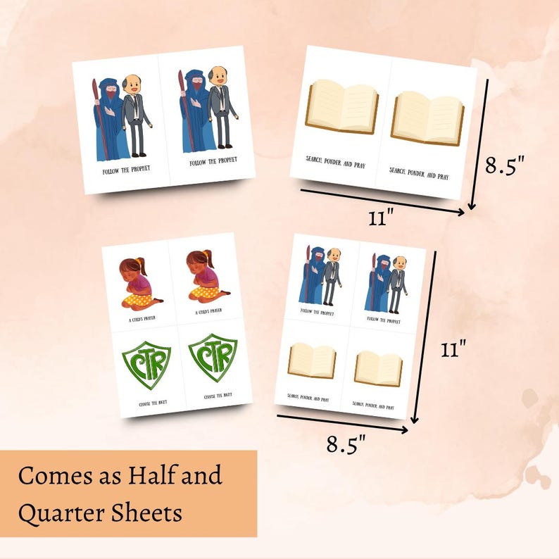 May include: A collection of illustrated cards, each measuring 8.5 x 11 inches. The cards feature religious themes with text such as "Follow the Prophet," "A Child's Prayer," and "Search, Ponder, and Pray." The cards also include the text "CTR Choose the Right."