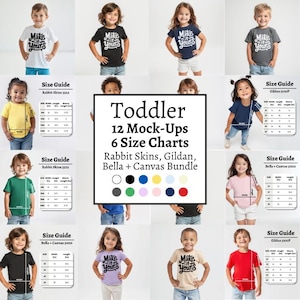 Könnte beinhalten: Zwölf Mockups für Kleinkinder, die verschiedene T-Shirt-Designs mit dem Text "Make it Yours" auf verschiedenen farbigen Shirts zeigen. Sechs Größentabellen sind für die Marken Rabbit Skins, Gildan und Bella + Canvas enthalten.