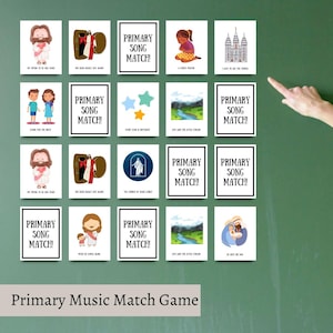 May include: A set of 16 colorful cards with illustrations and text for a Primary Music Match Game. The cards feature images of Jesus Christ, the temple, stars, a river, and other primary songs.