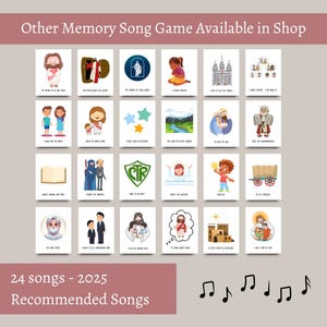 May include: A set of 24 illustrated memory game cards with religious themes. Each card features a colorful image and text, with the text "Other Memory Song Game Available in Shop", "24 songs - 2025", and "Recommended Songs" at the top and bottom.