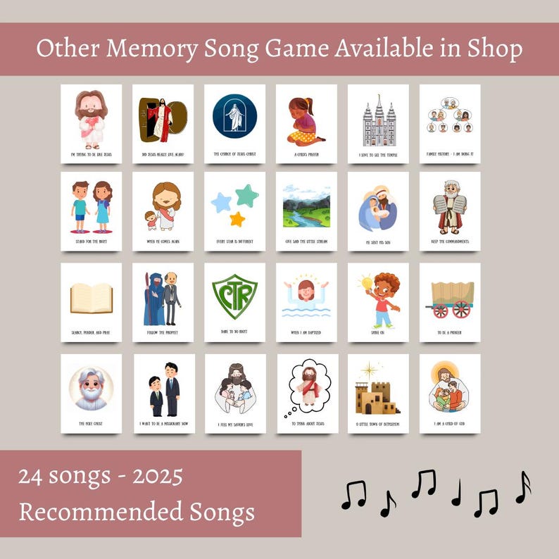 May include: A set of 24 illustrated memory game cards with religious themes. Each card features a colorful image and text, with the text "Other Memory Song Game Available in Shop", "24 songs - 2025", and "Recommended Songs" at the top and bottom.
