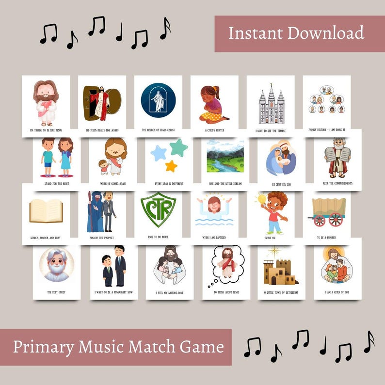 May include: A colorful set of 24 printable cards featuring illustrations and lyrics from popular Primary songs. The cards are designed for a music matching game, perfect for children's church activities.