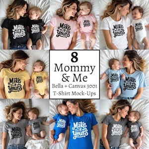 Puede incluir: Ocho fotos de madres y sus bebés con camisetas a juego con el texto "Make it Yours". Las fotos están dispuestas en una cuadrícula de cuatro filas y dos columnas. Las madres llevan una variedad de colores, incluyendo rosa, amarillo, azul y gris. Los bebés llevan blanco, amarillo, azul y gris. Las fotos se tomaron sobre un fondo blanco.