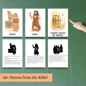 May include: A collection of six illustrated cards featuring biblical figures and stories. The cards display images of Rebekah, Samson, and Shadrach, Meshach, and Abednego, along with silhouettes and text. The phrase "28+ Heroes from the Bible!" is at the bottom.