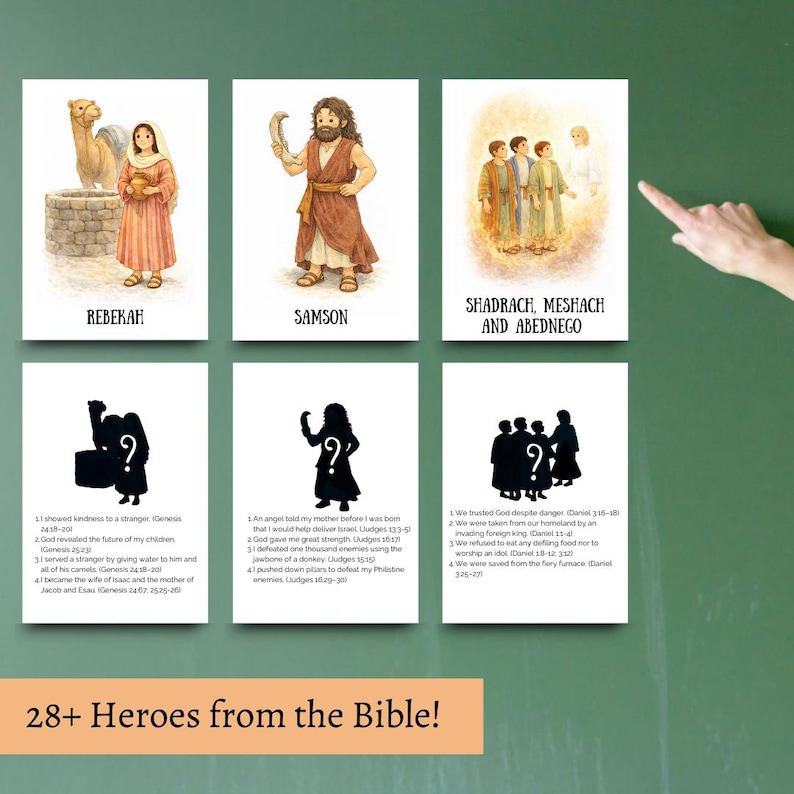 May include: A collection of six illustrated cards featuring biblical figures and stories. The cards display images of Rebekah, Samson, and Shadrach, Meshach, and Abednego, along with silhouettes and text. The phrase "28+ Heroes from the Bible!" is at the bottom.