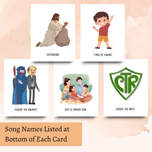 May include: Five illustrated cards with religious themes. The cards feature images of Jesus praying, a child with arms raised, prophets, a family, and a CTR shield. Text on the cards includes "Gethsemane," "I Will Be Valiant," and "Choose the Right."