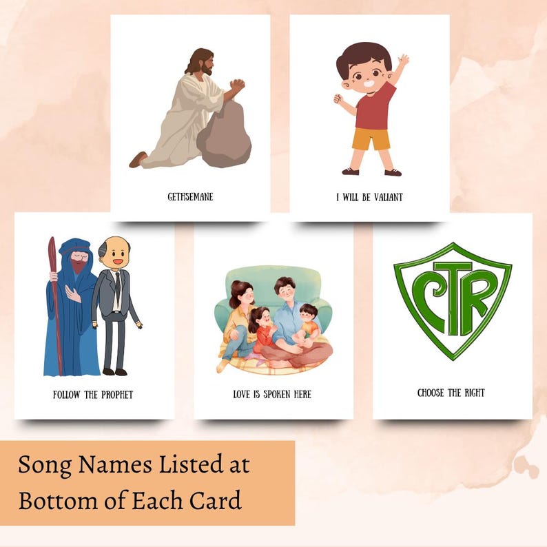 May include: Five illustrated cards with religious themes. The cards feature images of Jesus praying, a child with arms raised, prophets, a family, and a CTR shield. Text on the cards includes "Gethsemane," "I Will Be Valiant," and "Choose the Right."