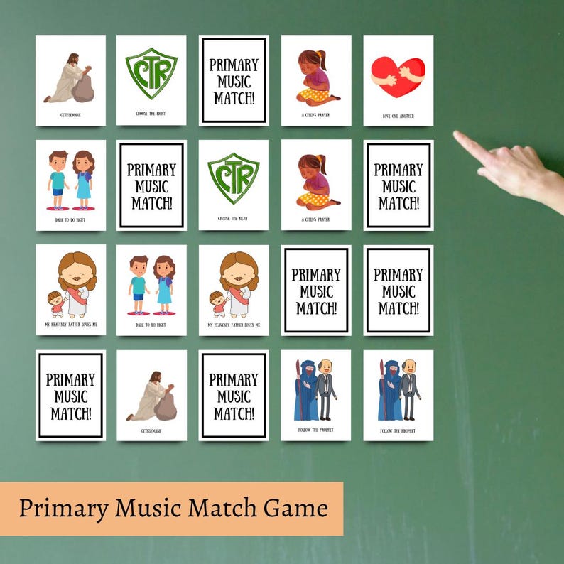 May include: A collection of rectangular cards with illustrations and text. The cards feature images of people, symbols, and phrases like "Primary Music Match!" and "Choose the Right." The phrase "Primary Music Match Game" is at the bottom.