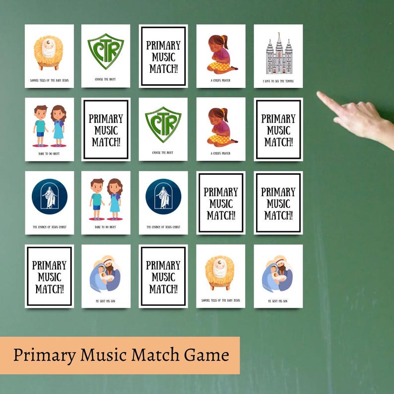 May include: A green chalkboard with a set of 16 white cards featuring images and text related to Primary music. The cards are arranged in a 4x4 grid. The text on the cards includes "Primary Music Match!" and song titles like "I Love to See the Temple".