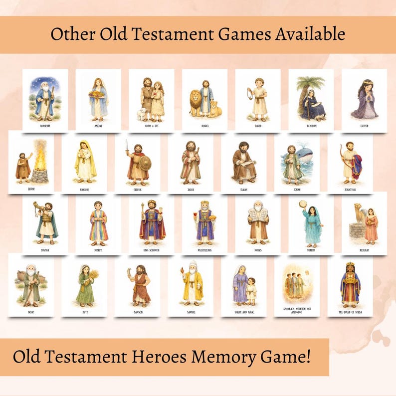 May include: A collection of illustrated cards featuring Old Testament figures. The cards are arranged in rows and columns, with each card displaying a different character and their name. The text "Other Old Testament Games Available" and "Old Testament Heroes Memory Game!" are also visible.
