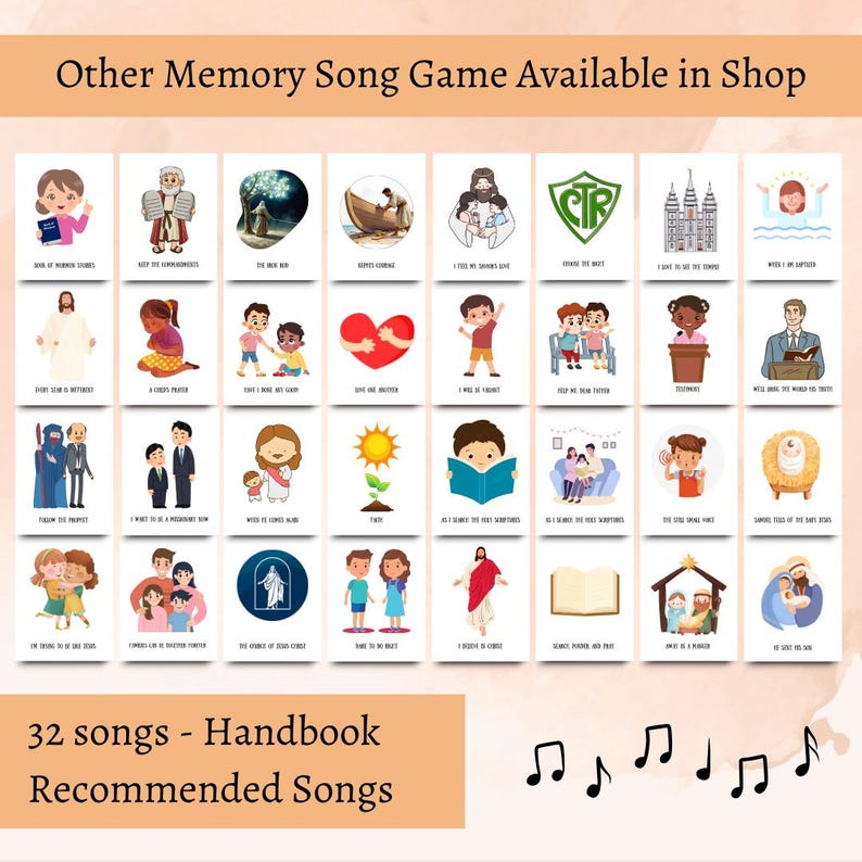 May include: A collection of illustrated cards featuring various religious themes and characters. The cards are arranged in rows and columns, with text at the bottom indicating "32 songs - Handbook Recommended Songs". The image includes musical notes.