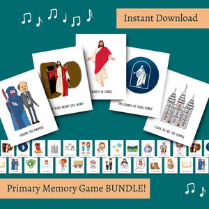 May include: A bundle of illustrated cards with religious themes, including images of Jesus, a temple, and other figures. Text includes "Believe in Christ" and "Primary Memory Game BUNDLE!" on a teal background. "Instant Download" is also visible.
