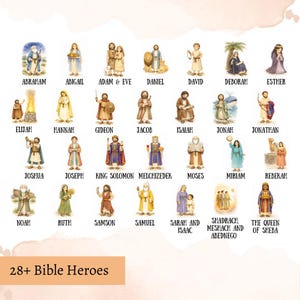 May include: Watercolor illustrations of 28+ Bible heroes, each depicted with unique attire and props. The names of the figures are written below each image. The phrase "28+ Bible Heroes" is at the bottom.