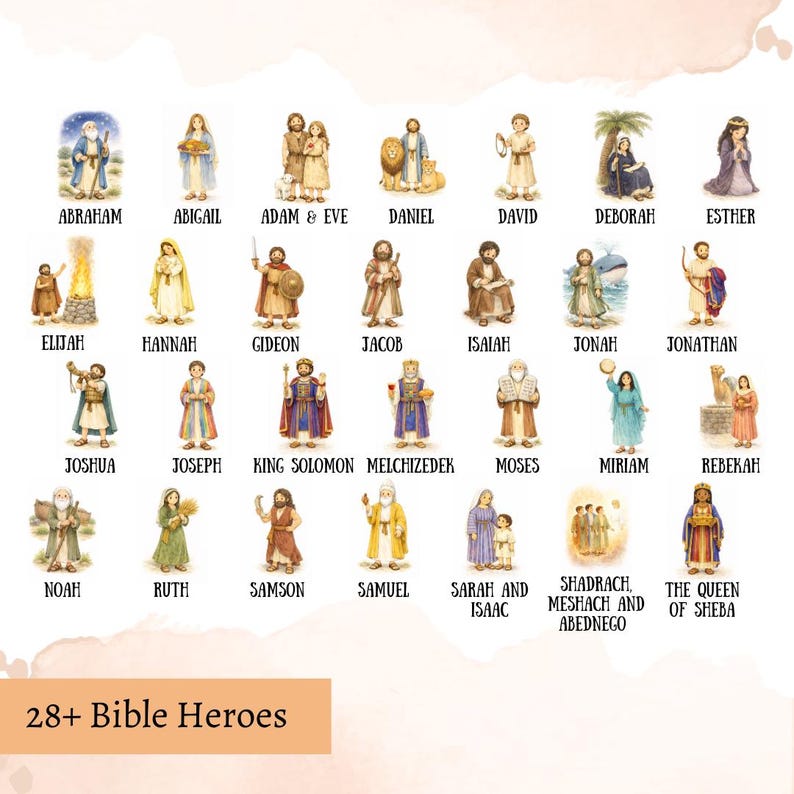 May include: Watercolor illustrations of 28+ Bible heroes, each depicted with unique attire and props. The names of the figures are written below each image. The phrase "28+ Bible Heroes" is at the bottom.