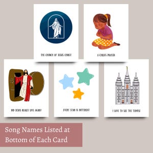 May include: Five illustrated cards with song titles at the bottom. The cards feature images of Jesus Christ, a child praying, a temple, and stars. The cards are white with blue, green, yellow, and red accents.