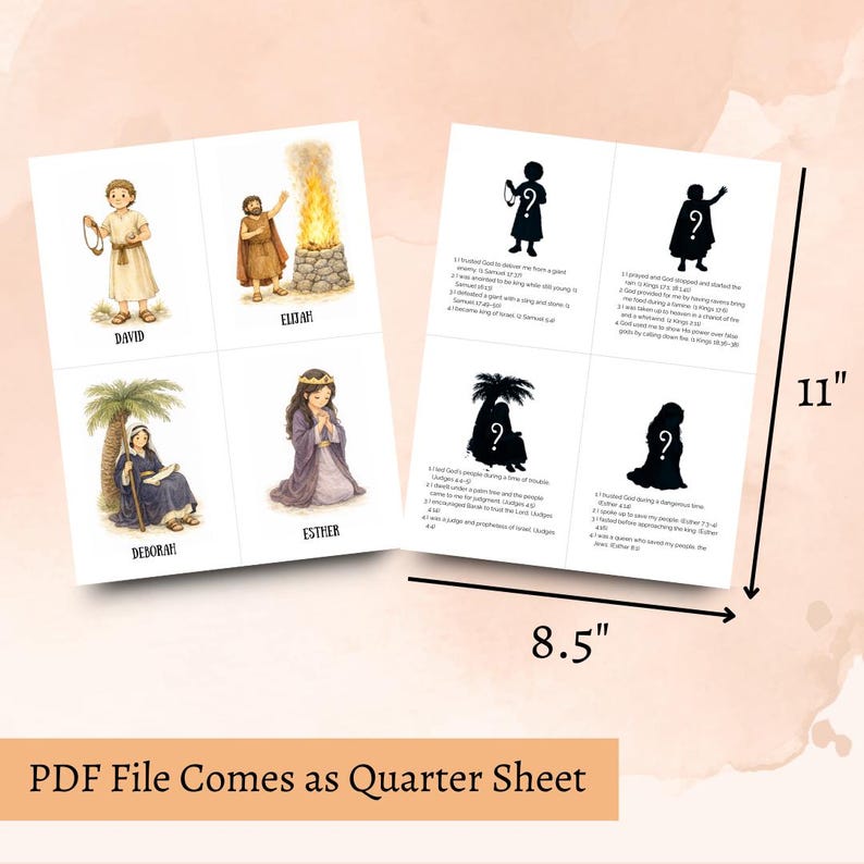 May include: Two 8.5 x 11 inch sheets with illustrations of biblical figures, including David, Elijah, Deborah, and Esther. The sheets also feature silhouettes with question marks and related text. The text "PDF File Comes as Quarter Sheet" is at the bottom.