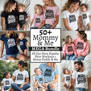 Peut inclure: Un collage de photos montrant différentes tenues assorties pour maman et moi. Les tenues présentent le texte "Make it Yours" en lettres noires sur une variété de chemises colorées. Les photos montrent une variété d'âges et de styles de tenues.